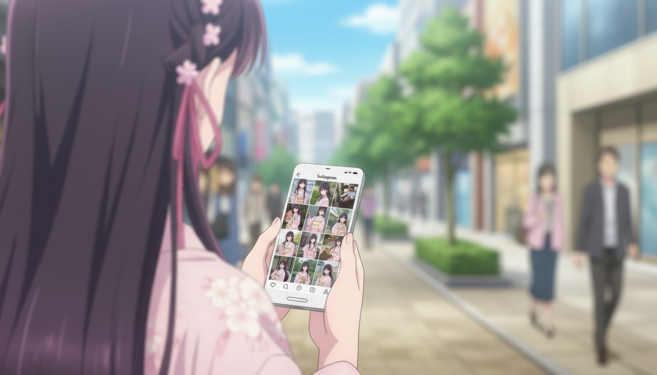 An anime girl in a pink floral kimono seen from behind, scrolling through an Instagram-style grid of her own anime photos on her phone while walking through a city street