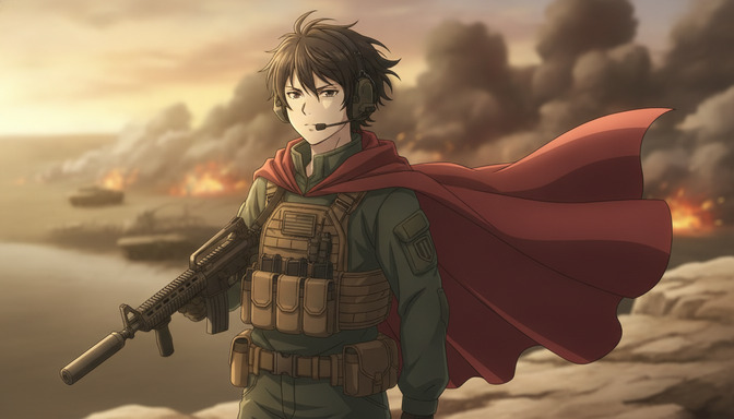 Anime soldier in tactical plate carrier and red cape standing on a rocky ridge overlooking a smoke-filled battlefield with tanks and fires at golden hour