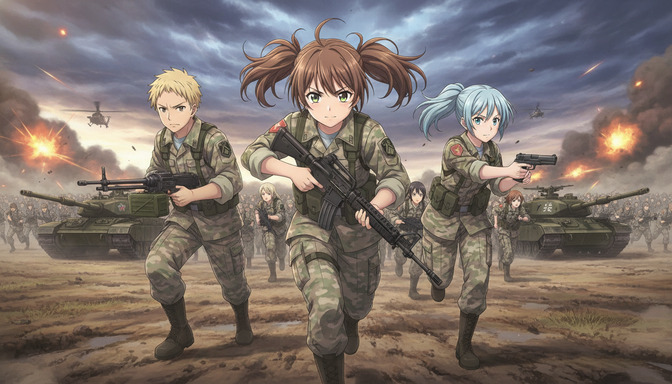 Three anime soldiers leading a massive infantry charge with main battle tanks and attack helicopters across a muddy battlefield with explosions