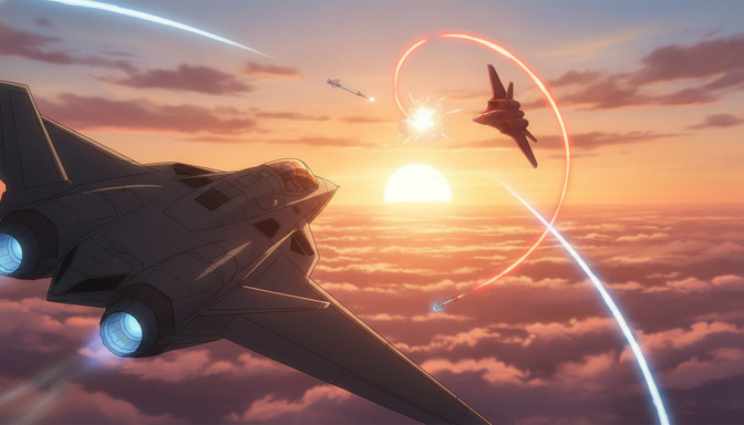 Anime-style aerial dogfight between two stealth fighter jets above clouds at golden hour with missile trails and vapor spirals