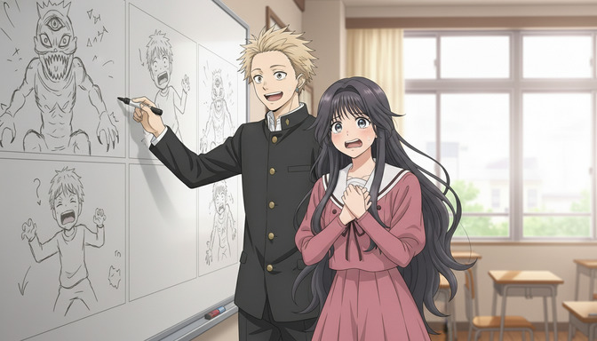 Two anime high school students in a classroom, a boy pointing excitedly at storyboard panel sketches on a whiteboard while a girl in a pink uniform looks on with wide eyes