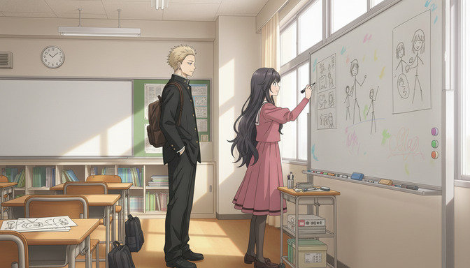 Anime high school girl in a pink outfit drawing storyboard sketches on a classroom whiteboard with a marker, while a boy in a dark uniform stands watching attentively behind her