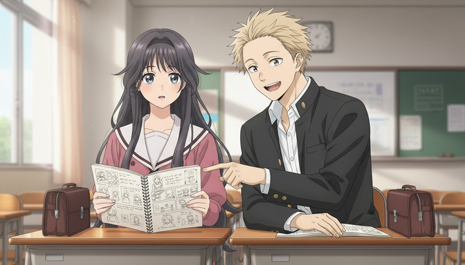 Two anime high school students sitting at adjacent desks, the boy pointing at a storyboard-filled notebook while the girl reads the page with a curious expression, both in a bright classroom