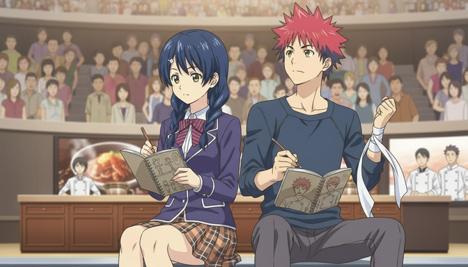 Two anime characters sitting together with notebooks, reviewing production notes at a professional panel event