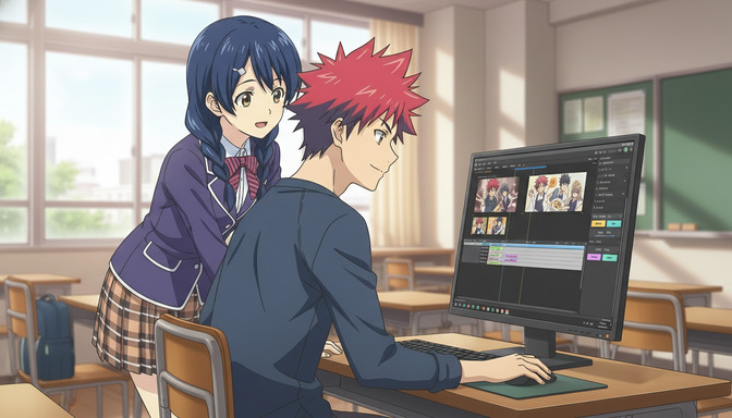 Two anime characters at a computer workstation in a classroom, reviewing anime production panels on screen