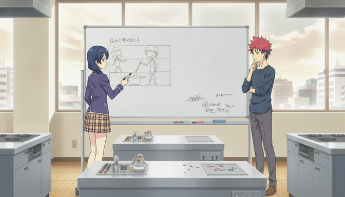 Two anime characters at a whiteboard with storyboard sketches, planning scene layouts for an anime production