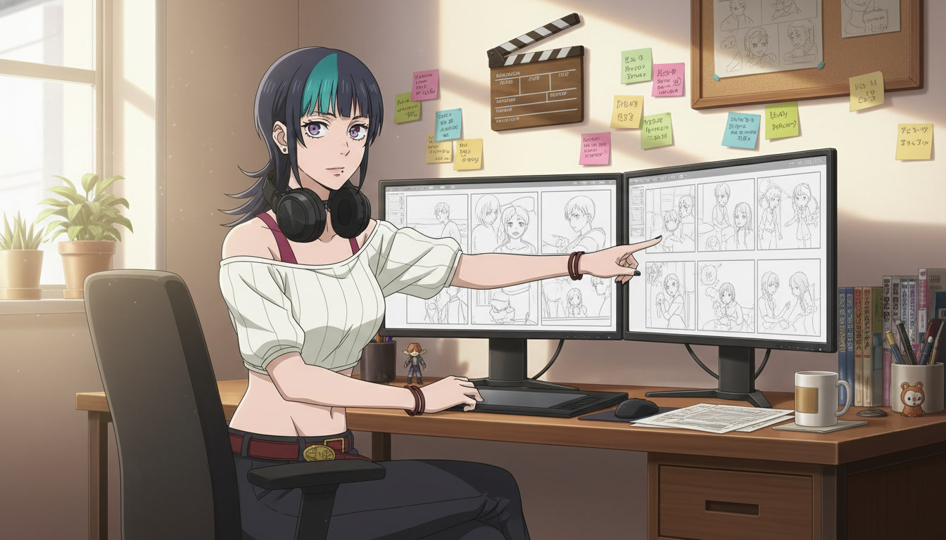 Anime girl content creator at a desk reviewing a six-panel storyboard grid on her monitor, headphones around her neck, clapperboard and sticky notes on the wall