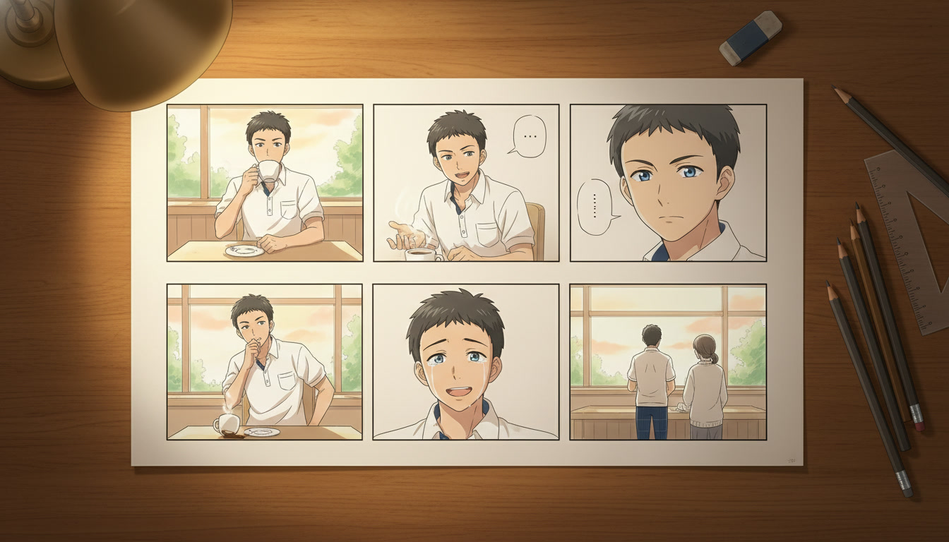 Overhead view of a storyboard sheet on a desk with six sketched anime panels showing establishing shot, medium shot, close-up, action beat, reaction, and wide ending shot