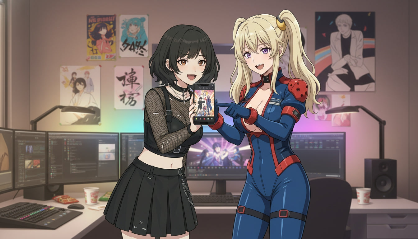 Two anime characters reviewing a vertical phone preview of an anime video clip in a cozy editing room with RGB lights and posters