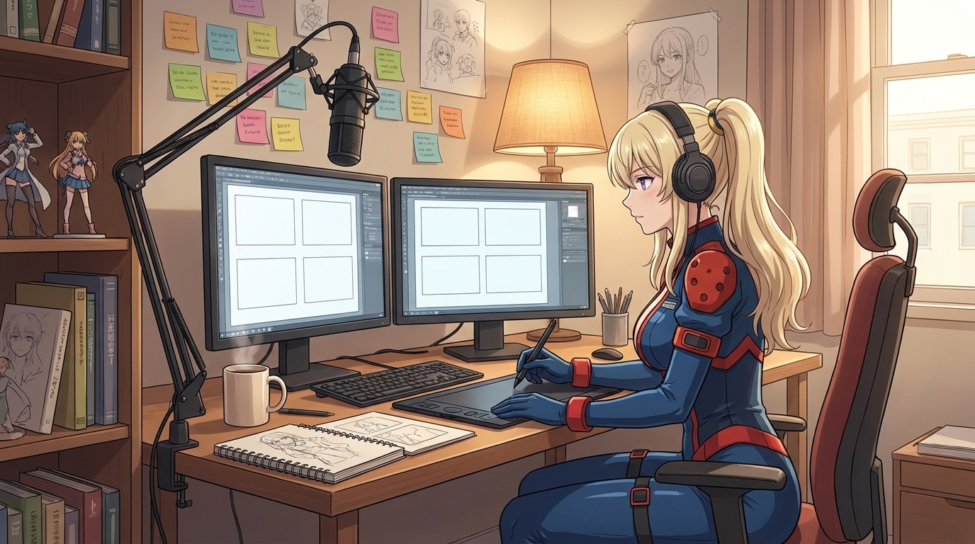 Anime content creator at a desk with dual monitors showing storyboard panels, a microphone, and sticky notes planning an anime video