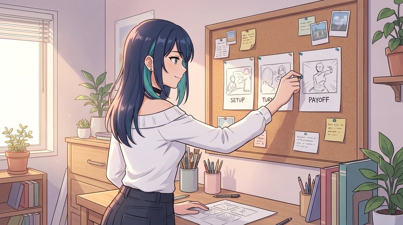 Anime creator pinning three storyboard panels labeled setup, turn, and payoff on a corkboard above a desk with a laptop