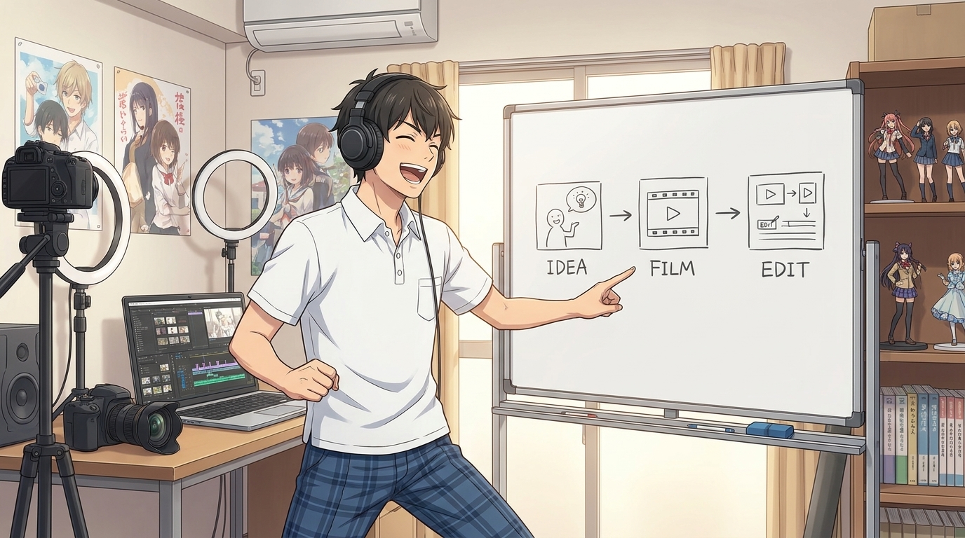 Anime YouTube creator reviewing a whiteboard storyboard with three labeled beats beside a laptop showing a video timeline
