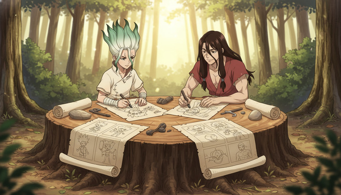 Two anime characters sit across a wide tree stump in a sunlit forest, sketching character designs and storyboard panels on scrolls and loose paper