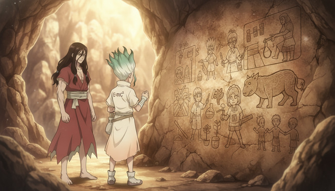 Two anime characters standing in a cave, studying an elaborate storyboard of characters and scenes carved or sketched onto the cave wall, lit by warm light from the entrance
