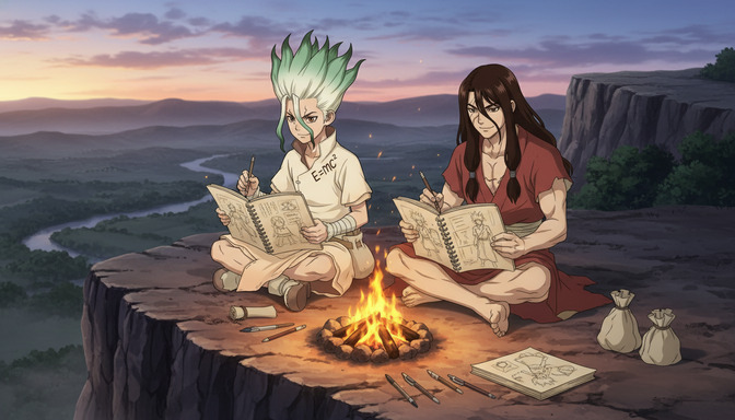 Two anime characters sitting by a campfire on a cliff edge at sunset, sketching fight scene compositions in their notebooks, with a wide valley visible in the background