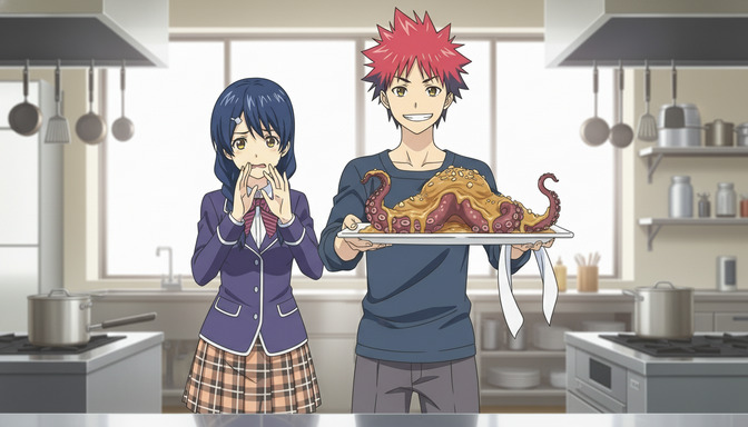 Two anime characters in a bright kitchen — a girl with long blue hair in a school uniform looking shocked, and a boy with spiky red hair proudly presenting a dramatic octopus dish on a platter