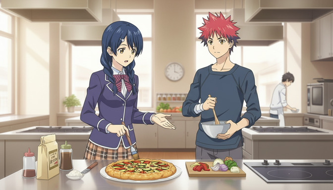 Two anime characters in a warmly lit kitchen discussing a recipe — the blue-haired girl gesturing toward ingredients on the counter while the red-haired boy holds a mixing bowl, a homemade pizza visible between them