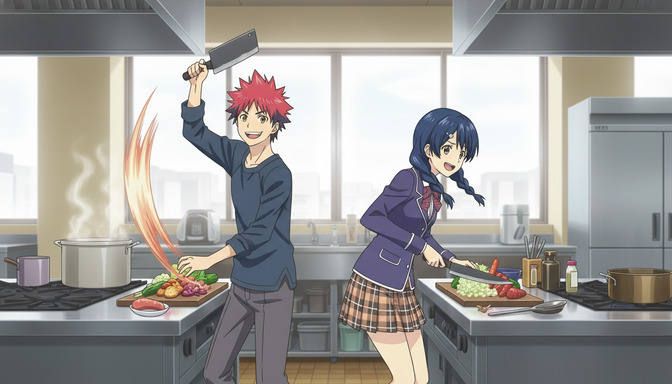 Two anime characters cooking with dramatic energy in a professional kitchen — the red-haired boy raising a cleaver dramatically with flames trailing from his motion blur, the blue-haired girl chopping vegetables at a separate station