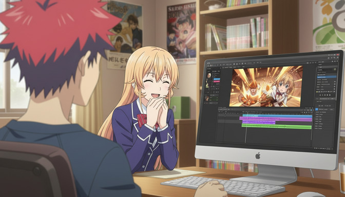 Two anime characters sitting at a computer desk watching an anime fight sequence play back on screen, surrounded by manga posters and a cozy room setup