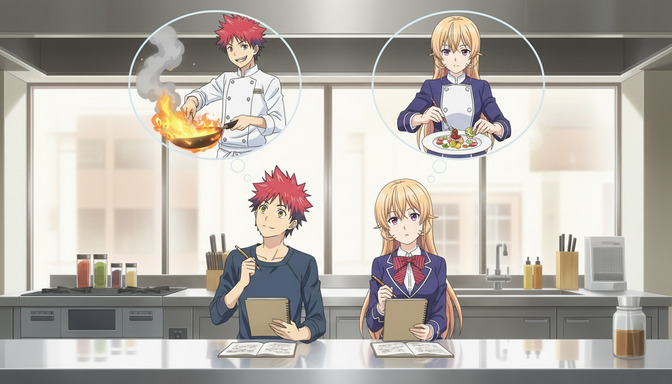 Two anime characters in a kitchen setting, each holding a clipboard and sketching ideas, with thought bubbles showing their character concepts above them