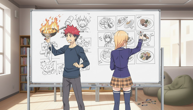 Two anime characters at a large whiteboard covered in storyboard panels sketching scene compositions, one holding a frying pan with flame and the other drawing with a marker