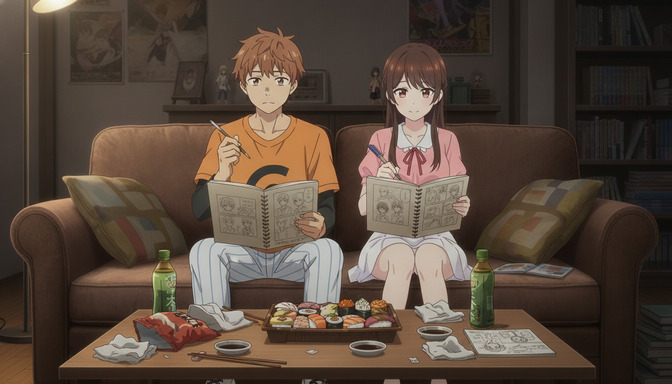 Two anime characters sitting on a couch reviewing their story drafts in spiral-bound sketchbooks, a tray of sushi on the coffee table between them