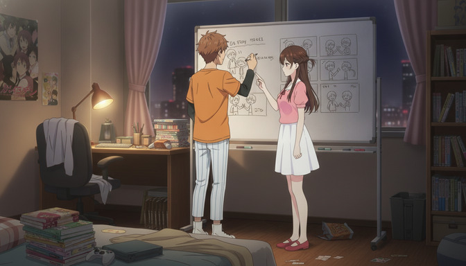 Two anime characters standing at a whiteboard covered in storyboard panels, sketching scene layouts and shot compositions together in a dimly lit room at night