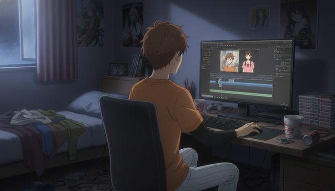 An anime character sitting alone at a computer desk late at night, working on anime video editing software with character portraits visible on the monitor screen