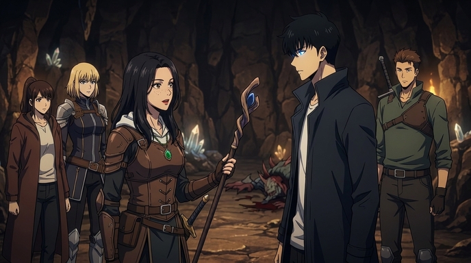 An ensemble cast of anime characters assembled in a dungeon cave, featuring a female mage with a glowing staff, a dark-haired protagonist with blue eyes, and three supporting characters in combat gear