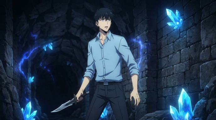 A lone anime protagonist standing in a dark dungeon corridor surrounded by glowing blue crystals, holding a dagger with a confident, composed expression