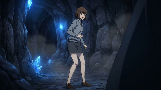 A female anime character in a grey sweater and skirt standing cautiously in a cave tunnel, blue crystals glowing along the walls behind her