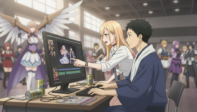 Two anime characters working together at a computer editing anime footage in a convention hall, with cosplayers visible in the background