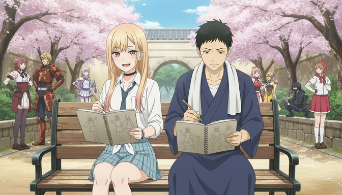 Two anime characters sitting on a bench under cherry blossoms, sketching character designs in notebooks while a group of other anime characters stands in the background