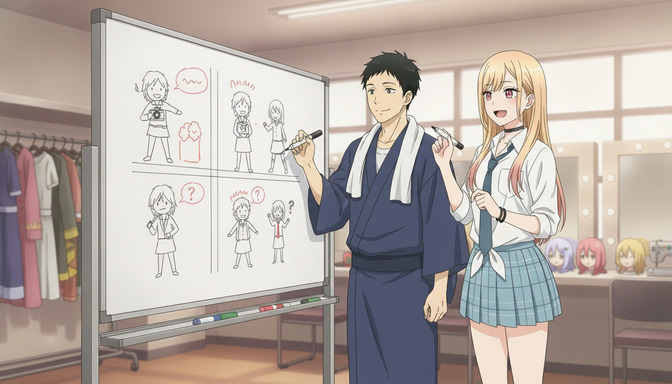 Two anime characters in a costume workshop planning storyboard panels on a whiteboard, with character sketches drawn in a four-panel grid and anime characters reflected in mirrors in the background
