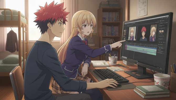 Two anime characters sitting together at a computer editing anime footage in a cozy bedroom studio, reviewing scenes on screen