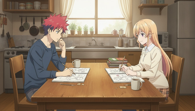 Two anime characters sitting across from each other at a kitchen table, each drawing character sketches in notebooks with coffee cups beside them