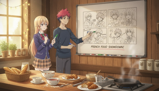 Two anime characters standing in front of a whiteboard covered in storyboard panels and character sketches, pointing at scene descriptions written in marker