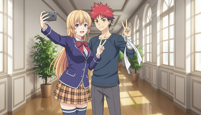 Two anime characters taking a selfie together in a bright school hallway, capturing their anime likeness from a real photo upload