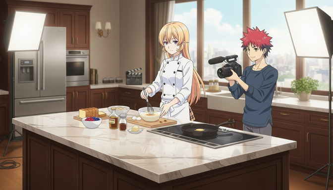An anime girl in a chef's uniform cooking at a kitchen island while an anime boy films her with a video camera, a bright modern kitchen with filming equipment set up around them