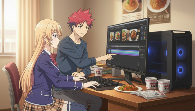 Two anime characters editing video footage on a large monitor showing an anime timeline with colored clips, surrounded by instant noodles, notebooks, and food — the story-building and editing phase of creating an anime video with AI