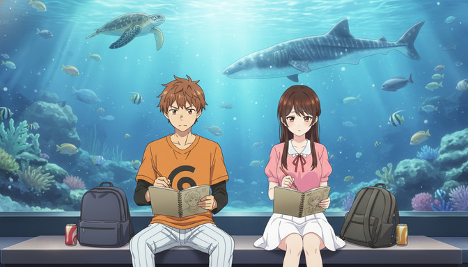 Two anime characters, a boy with orange-brown hair in an orange shirt and a girl with dark brown hair in a pink top, sketching in notebooks while sitting on a bench in front of a large aquarium filled with tropical fish and a whale shark