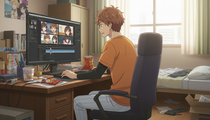 Anime boy with brown hair in an orange shirt sitting at a computer desk in his bedroom, working on anime character design on a large monitor showing multiple character face variations