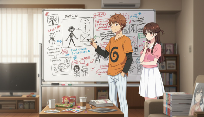 Two anime characters in a living room in front of a whiteboard covered with character design sketches, notes, arrows, and storyboard panels in multiple colors, collaborating on a character system