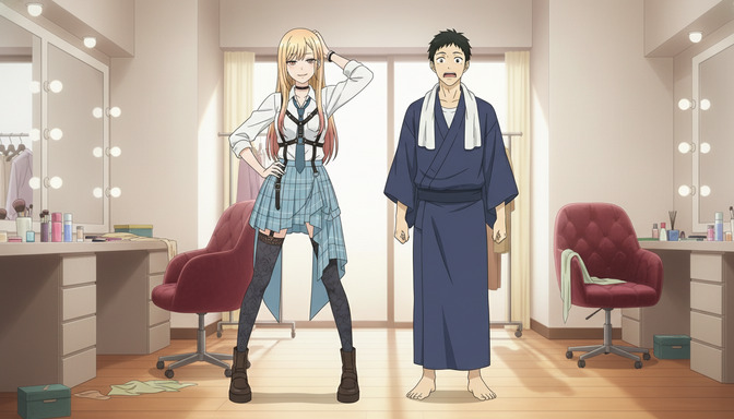 Two anime characters standing in a dressing room — a confident blonde girl in a fashion-forward outfit and a flustered boy in a navy yukata — both with distinct posture that communicates their personalities without a single word