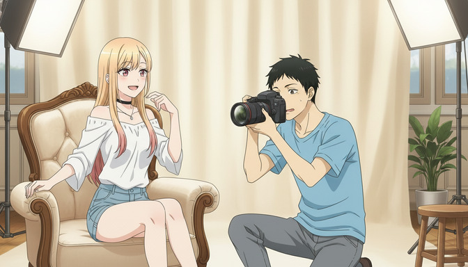 Anime boy crouching with a camera photographing an anime girl seated in a cream armchair — the low angle and directed pose create a dynamic of focus and presence that a straight-on shot could not achieve