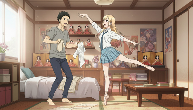 Anime girl performing a ballet-style pose in a traditional Japanese bedroom while an anime boy holds a script in surprise — the contrast between their poses drives the scene's energy entirely through body language