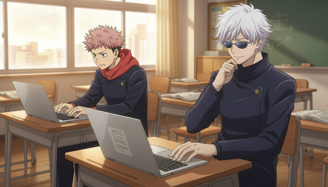 Two anime students in a classroom, one with pink hair and one with white hair and sunglasses, both working on laptops in warm afternoon light