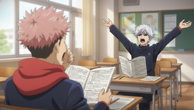 Anime student with white hair and sunglasses standing at a school desk with arms raised dramatically, holding story notes, while a pink-haired student watches