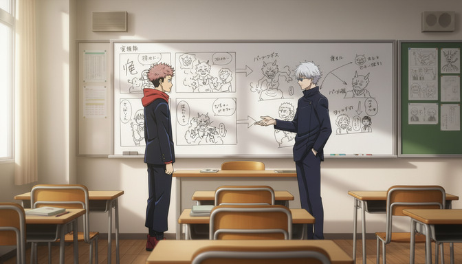 Two anime students standing in a classroom facing a whiteboard covered in storyboard panel sketches with Japanese notes, one handing papers to the other