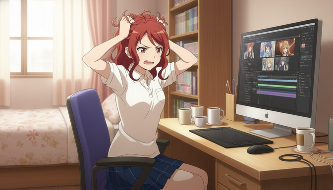 Frustrated anime girl with long red hair sitting at a desk with a computer showing anime character artwork, hands raised to her head, surrounded by coffee mugs in a cozy bedroom with bookshelves